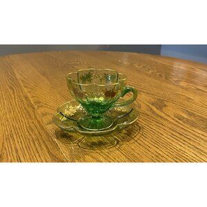 RARE ANTIQUE AUTHENTIC GOLD GILT & GREEN GLASS BOHEMIAN MOSER CUP & SAUCER